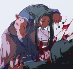  2boys attack black_eyes black_hair blood blood_on_arm blood_on_clothes blood_on_face blood_on_hands chromatic_aberration closed_mouth dated expressionless highres holding holding_needle hunter_x_hunter illumi_zoldyck long_hair looking_at_another looking_down male_focus mei_ren multiple_boys needle simple_background solo_focus standing 