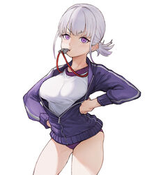  alternate_costume blowing_whistle buruma cowboy_shot female girls&#039;_frontline gym_uniform hand_on_own_hip jacket looking_at_viewer mouth_hold open_clothes purple_buruma purple_eyes purple_jacket rpk-16_(girls&#039;_frontline) shirt short_hair simple_background solo standing thighs track_jacket whistle white_background white_shirt zerowill 