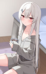  bed blush breasts cleavage cup female hair_ornament hairclip highres hood hooded_jacket indoors jacket kamu_(geeenius) long_hair looking_at_viewer original red_eyes sitting sleeves_past_wrists solo steam white_hair yami-chan_(kamu_(geeenius)) 