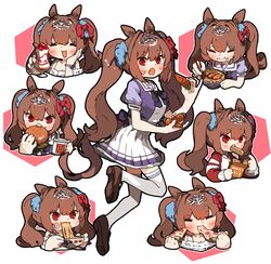  =_= amonitto animal_ears biting blush bowl bracelet brand_name_imitation brown_footwear brown_hair burger carrot_on_stick chopsticks cup daiwa_scarlet_(umamusume) disposable_cup eating fast_food female food food_on_face hair_intakes hand_on_own_cheek hand_on_own_face highres holding holding_chopsticks holding_food holding_pizza horse_ears horse_girl horse_tail ice_cream jacket jewelry kamaboko long_hair mcdonald&#039;s multiple_views narutomaki noodles oerba_yun_fang open_mouth pizza purple_shirt ramen red_eyes red_jacket sailor_collar school_uniform shirt shoes short_sleeves skirt smile sundae sweatdrop tail thighhighs tiara tracen_school_uniform twintails umamusume very_long_hair white_skirt white_thighhighs 