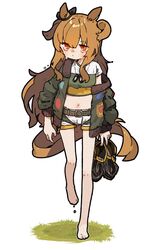  amonitto animal_ears bare_legs barefoot belt blush bomber_jacket boots brown_hair closed_mouth commentary_request crop_top dog_tags female full_body green_jacket highres holding holding_boots holding_clothes holding_footwear horse_ears horse_girl horse_tail jacket legs long_hair long_sleeves mayano_top_gun_(umamusume) midriff navel off_shoulder open_clothes open_jacket orange_eyes short_shorts shorts snot solo tail tears two_side_up umamusume unworn_boots walking white_shorts 