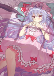  absurdres adapted_costume alternate_hair_length alternate_hairstyle bat_wings bed_sheet beni_kurage blush bow breasts buttons center_frills commentary_request dot_nose dress dress_bow eyelashes female fingernails frilled_dress frills hair_ribbon hat hat_bow hat_ribbon highres knees light_purple_hair light_smile long_hair looking_at_viewer lying mob_cap on_back on_bed open_mouth parted_lips pillow pink_dress pink_hat puffy_short_sleeves puffy_sleeves purple_hair remilia_scarlet ribbon shadow short_sleeves sidelocks small_breasts solo steepled_fingers touhou window wings 