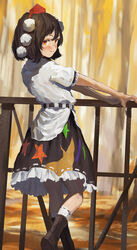  black_hair black_skirt blush boots brown_footwear closed_mouth commentary crossed_legs female fjsmu frilled_skirt frilled_sleeves frills from_behind from_side hand_on_railing hat hidden_star_in_four_seasons highres kneehighs looking_at_viewer looking_back multicolored_clothes multicolored_skirt no_wings orange_eyes outstretched_arms pom_pom_(clothes) railing red_hat ribbon-trimmed_skirt ribbon_trim shameimaru_aya shirt short_hair skirt smile socks solo standing standing_on_one_leg star_(symbol) tokin_hat touhou untucked_shirt watson_cross white_shirt white_socks 