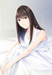  brown_eyes brown_hair closed_mouth commentary dress english_commentary female highres long_dress long_hair looking_at_viewer nayuta69 original sitting sleeveless sleeveless_dress smile solo white_dress 