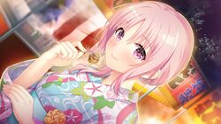  blush closed_mouth courreges_ace dutch_angle female food game_cg hair_between_eyes hajilove_-making_lovers- highres holding holding_food japanese_clothes kimono medium_hair pink_hair red_eyes smile solo sonoike_sakurako tanabe upper_body 