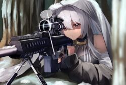  ahoge aiming anti-materiel_rifle barrett_m82 black_jacket black_nails black_shirt breasts brown_eyes cleavage closed_mouth commentary_request female grey_hair gun hair_between_eyes highres hololive jacket large_breasts long_hair long_sleeves looking_away lying nail_polish off_shoulder on_stomach rifle see-through see-through_cleavage shirt shishiro_botan shishiro_botan_(1st_costume) simple_background sleeveless sleeveless_shirt sniper_rifle solo suiran_(liquiddoes) virtual_youtuber weapon 