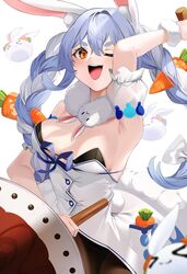  &gt;_&lt; :d animal_ear_fluff animal_ears armpits bangs blue_hair blush braid breasts brown_legwear carrot_hair_ornament eyebrows_visible_through_hair female food-themed_hair_ornament fur_collar hair_ornament highres holding hololive instrument long_hair looking_at_viewer medium_breasts multicolored_hair pantyhose rabbit_ears see-through smile solo suigetsu_(hjs1106) teeth twin_braids twintails two-tone_hair upper_teeth usada_pekora virtual_youtuber white_background white_hair 