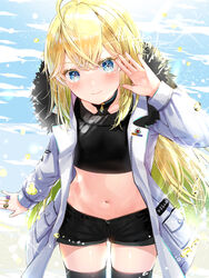  ahoge akasaka_asa arm_up black_choker black_shirt black_shorts black_thighhighs blonde_hair blue_eyes borrowed_character choker coat cowboy_shot crop_top female fur_collar highres jewelry long_hair long_sleeves looking_at_viewer midriff multiple_rings navel open_clothes open_coat original ring shirt short_shorts shorts smile solo standing stomach thighhighs thighs very_long_hair white_coat 