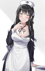  absurdres apron arm_support bangs black_dress black_hair black_ribbon blush bow breasts cleavage commentary_request dress eyebrows_visible_through_hair female green_eyes hairbow hand_up hat highres hitotsuba_kaede large_breasts long_hair long_sleeves looking_at_viewer md5_mismatch neck_ribbon nurse_cap parted_lips revision ribbon ryoushin_no_shakkin simple_background solo standing straight_hair strap_slip white_apron white_background white_bow xretakex 