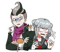  1boy animal_on_shoulder bad_id bad_twitter_id bandaged_arm bandages black_hair black_jacket black_shirt blush braid cham-p collarbone constricted_pupils cropped_torso crossed_arms danganronpa_(series) danganronpa_2:_goodbye_despair earrings female furukawa_(yomawari) glasses grey_eyes grey_hair hamster hamster_on_shoulder heterochromia highres holding jacket jewelry jum-p long_hair long_sleeves looking_at_viewer maga-g multicolored_hair necktie open_mouth pekoyama_peko red_eyes red_necktie scarf school_uniform serafuku shirt short_hair simple_background sun-d tanaka_gundham trembling twin_braids upper_body white_background 