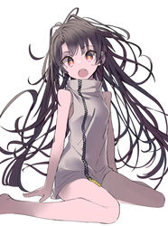  :o ahoge bare_arms bare_legs barefoot black_hair breasts c-ms_(girls&#039;_frontline) dress female girls&#039;_frontline long_hair looking_at_viewer medium_breasts messy_hair mole mole_under_eye oerba_yun_fang red_eyes simple_background sitting solo tetuw turtleneck wariza white_background white_dress zipper zipper_pull_tab 