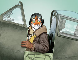  2023 4_fingers aircraft anthro clothed clothing cockpit eyewear eyewear_on_head felid fingers gloves goggles goggles_on_head green_eyes handwear hat headgear headwear hi_res jacket looking_back male mammal pantherine rabbi-tom sitting solo spitfire_mk_v stripes supermarine_spitfire tiger topwear vehicle 