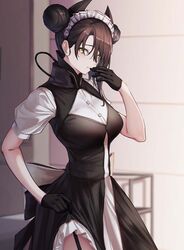  3_small_spiders agent_(girls&#039;_frontline) asymmetrical_hair black_dress black_gloves black_hair breasts cowboy_shot double_bun dress female frilled_dress frills garter_straps girls&#039;_frontline gloves hair_between_eyes hair_bun half_gloves hand_up highres horns looking_at_viewer maid_headdress parted_lips puffy_short_sleeves puffy_sleeves sangvis_ferri short_hair short_sleeves skirt_hold solo standing yellow_eyes 