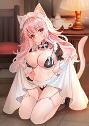  animal_ears animal_print black_bra blush bra breasts brown_eyes cat_ears cat_girl cat_panties cat_print cat_tail closed_mouth commentary cup female garter_straps highres indoors katsushika_pachi lamp large_breasts long_hair looking_at_viewer maid_headdress navel neck_ribbon original panties pink_hair print_panties ribbon sitting solo table tail teacup thighhighs underwear wariza white_ribbon white_thighhighs 