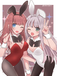  2girls absurdres animal_ears atelier_(series) atelier_rorona atelier_totori breasts cleavage detached_collar elmerulia_fryxell fake_animal_ears haruna_(citrus_love_i) highres leotard long_hair looking_at_viewer mother_and_daughter multiple_girls one_eye_closed open_mouth pantyhose playboy_bunny rabbit_ears rororina_fryxell smile strapless strapless_leotard wrist_cuffs 