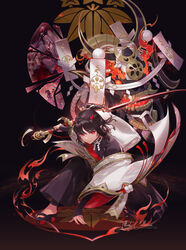  1boy androgynous artist_name black_gloves black_hair black_nails callarinc commentary_request dark_background gloves highres holding holding_weapon horns japanese_clothes katana long_sleeves looking_at_viewer male_focus medium_hair onikiri_(onmyoji) onmyoji onmyouji pointy_ears ponytail red_eyes red_horns ribbon sandals skull smile solo sword tenken_jinshin_onikiri_(onmyoji) weapon white_ribbon 