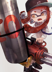  absurdres black_footwear black_hat black_shorts blue_necktie commentary female frown gatling_gun gun hat higashiya_keiki highres holding holding_gun holding_weapon hydra_splatling_(splatoon) inkling inkling_girl inkling_player_character long_hair looking_at_object minigun necktie oerba_yun_fang open_clothes orange_eyes orange_hair shirt shoes short_shorts shorts simple_background solo splatoon_(series) splatoon_2 standing weapon white_background white_shirt 