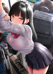  backpack bag bent_over black_hair black_skirt bow bowtie breasts cleavage closed_mouth collared_shirt commentary_request english_commentary female grabbing_own_arm grey_eyes kase_daiki large_breasts long_hair long_sleeves looking_at_viewer mixed-language_commentary open_clothes original pleated_skirt revision school_uniform shirt shirt_tucked_in sidelocks skirt skirt_rolled_up solo_focus standing suitcase 