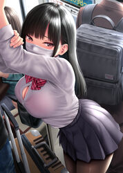  backpack bag bent_over black_hair black_legwear black_skirt bow bowtie breasts cleavage collared_shirt commentary_request english_commentary female grabbing_own_arm grey_eyes kase_daiki large_breasts long_hair long_sleeves looking_at_viewer mask mixed-language_commentary mouth_mask open_clothes original pantyhose pleated_skirt revision school_uniform shirt shirt_tucked_in sidelocks skirt skirt_rolled_up solo_focus standing suitcase 