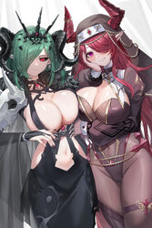  2girls absurdres black_horns breast_press breasts bridal_gauntlets cleavage cross curled_horns demon_girl demon_horns dress earrings grey_hair habit hair_over_one_eye highres horns jewelry large_breasts leotard long_sleeves multiple_girls nail_polish navel nun original pantyhose pointy_ears puffy_long_sleeves puffy_sleeves purple_eyes red_eyes red_hair skl skull_earrings slit_pupils smile tiara 