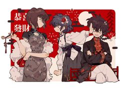  1boy 2girls bench black_jacket blue_hair braid braided_ponytail breasts brown_hair china_dress chinese_clothes cleavage crossed_legs dress dress_shirt earrings faceoff firecrackers flower fur_shawl grey_dress grey_skirt hair_flower hair_ornament hand_on_own_cheek hand_on_own_face hand_up highres holding holding_smoking_pipe hongbao jacket jewelry long_sleeves multiple_girls outstretched_arm pants profile puffy_long_sleeves puffy_sleeves pushing_away pushing_face ranma_1/2 red_background red_shirt red_theme saotome_ranma sash shawl shirt short_hair siblings single_braid sisters sitting siyer_(siyeyeyeyer) skirt smile smoking_pipe suspenders sweatdrop tangzhuang tendou_akane tendou_nabiki toggles untucked_shirt white_pants white_shirt 