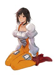  black_choker black_hair bodysuit breasts brown_eyes brown_hair choker closed_mouth female final_fantasy final_fantasy_ix full_body garnet_til_alexandros_xvii gloves highres kneeling looking_at_viewer medium_breasts mmariesr orange_bodysuit puffy_sleeves short_hair smile solo swept_bangs white_background 