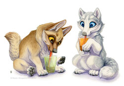  2020 ambiguous_gender beverage blue_eyes brown_body brown_fur bubble_tea canid canine canis claws digital_media_(artwork) domestic_dog drinking drinking_straw duo feral fur glass grey_body grey_fur mammal pawpads shaded shinigamigirl simple_background tan_body tan_fur white_background white_body white_fur yellow_eyes 