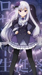  ascot black_jacket black_legwear black_ribbon buttons center_frills character_name closed_mouth collared_shirt commentary_request double-breasted feet_out_of_frame female flower frills fukaiton gathers gothic_wa_mahou_otome hair_flower hair_ornament hair_ribbon hands_on_own_hips highres jacket legs_apart long_hair long_sleeves looking_at_viewer pantyhose photoshop_(medium) purple_eyes purple_flower purple_rose purple_shirt purple_skirt ribbon rosalie_(gothic_wa_mahou_otome) rose shirt sidelocks skirt smile solo standing v-shaped_eyebrows very_long_hair white_ascot white_hair wing_collar 