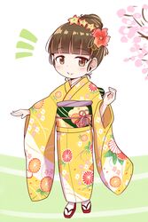  ^^^ alternate_hairstyle blunt_bangs brown_eyes brown_hair cherry_blossoms commentary_request female floral_print flower full_body gokou_hinata hair_bun hair_flower hair_ornament highres japanese_clothes kimono long_hair looking_at_viewer ore_no_imouto_ga_konna_ni_kawaii_wake_ga_nai sandals simple_background single_hair_bun solo standing takatsuki_akira white_background yellow_kimono 