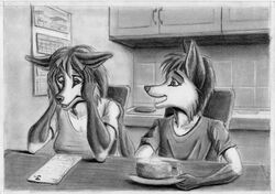  adolescent alex_(syntech) anthro brother_(lore) brother_and_sister_(lore) cake calendar canid canine comforting dessert duo exam female food fox fur hi_res inside kitchen maja_(syntech) male male/female mammal monochrome red_fox rhazzazor sibling_(lore) sister_(lore) syntech true_fox white_body white_fur worried young 