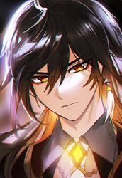  1boy bad_id bad_twitter_id black_background black_hair brown_hair closed_mouth collared_shirt earrings fractalmagnolia genshin_impact glowing hair_between_eyes jewelry korean_commentary long_hair looking_at_viewer male_focus multicolored_hair shirt simple_background single_earring solo symbol-shaped_pupils tassel tassel_earrings yellow_eyes zhongli_(genshin_impact) 