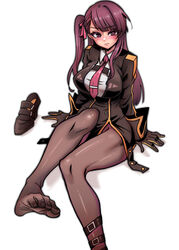  absurdres black_gloves blush breasts brown_pantyhose feet female foot_out_of_frame ga320aaa girls&#039;_frontline gloves highres jacket long_hair looking_at_viewer necktie one_side_up pantyhose purple_eyes purple_hair shoes sitting solo toes unworn_shoes wa2000_(girls&#039;_frontline) 