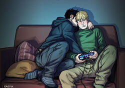  2boys belt biting black_hair black_hoodie black_pants blonde_hair blue_eyes blush controller couch couple cris_art dualshock ear_biting earrings game_controller gamepad green_pants green_shirt groping hand_in_pants hand_under_clothes holding holding_controller hood hood_down hoodie hulkling jewelry long_sideburns male_focus marvel multiple_boys on_couch pants playstation_controller shirt short_hair sideburns sitting socks thick_eyebrows wiccan yaoi 