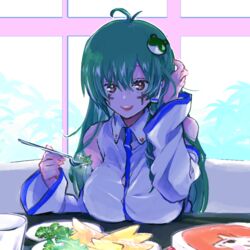  90_sik ahoge blush breast_rest breasts breasts_on_table brown_eyes collared_shirt commentary cookie_(touhou) cross detached_sleeves facepaint female food fork frog_hair_ornament green_hair hair_between_eyes hair_ornament hair_tubes hand_in_own_hair holding holding_fork kochiya_sanae large_breasts long_bangs long_hair looking_at_viewer name_connection object_namesake open_mouth parsley paseri_(cookie) shirt single_hair_tube single_sidelock sleeveless sleeveless_shirt smile snake_hair_ornament solo teeth touhou upper_body upper_teeth_only white_shirt white_sleeves window 