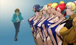  1boy 6+girls black_footwear black_pants blonde_hair blue_eyes blue_hair blue_jacket blue_slingshot_swimsuit blush breasts brown_hair closed_eyes commentary_request commission company_connection creator_connection dark-skinned_female dark_skin gundam headset highres jacket katejina_loos king_gainer_over! long_hair multiple_girls navel neneka_nibrou normal_suit o-ring orange_hair overman_king_gainer pants parody pilot_suit purple_hair red_hair sakusakusakurai science_fiction shirt short_hair skeb_commission slingshot_swimsuit sunrise_(company) swimsuit tomino_yoshiyuki uso_ewin victory_gundam white_shirt 