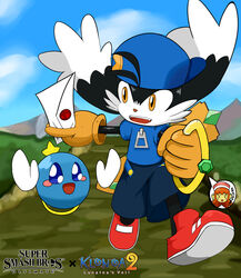  2boys animal_ears beatart4 black_fur blue_headwear blue_pants blue_shirt envelope female gem gloves highres huepow jewelry kaze_no_klonoa klonoa lolo_(klonoa) meta multiple_boys outdoors pac-man pants red_footwear ring shirt sky smash_ball super_smash_bros. white_fur yellow_eyes yellow_gloves zipper 