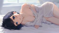  absurdres bare_shoulders bed_sheet black_hair blue_eyes breasts cleavage collarbone female highres hololive hololive_english kanoe_(tatsukanoe) large_breasts looking_at_viewer lying naked_shirt off_shoulder on_side ouro_kronii parted_lips shirt solo thighs virtual_youtuber white_shirt 