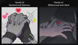  4boys artist_name black_gloves black_nails collage deimos_(madness_combat) doc_(madness_combat) english_commentary english_text fingerless_gloves gloves grey_background hand_focus hands_on_another&#039;s_neck hank_j._wimbleton heart highres holding_hands madness_combat male_focus mask milk_meat03 mouth_mask multiple_boys nail_polish sanford_(madness_combat) scar scar_on_neck simple_background sparkle turtleneck twitter_username watermark white_background yaoi 