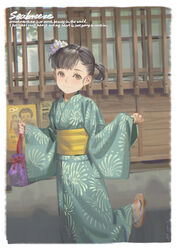  alphonse_(white_datura) aqua_kimono black_hair border brown_eyes closed_mouth english_text female fireworks_print flower hair_flower hair_ornament highres holding japanese_clothes kimono kinchaku long_sleeves obi original outdoors photoshop_(medium) pinching_sleeves poster_(object) pouch sandals sash side_ponytail sleeves_past_wrists smile solo standing standing_on_one_leg w_arms wall window wooden_wall yukata zouri 