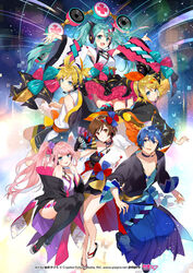  2boys 4girls :d aqua_eyes aqua_hair bare_shoulders blonde_hair blue_eyes blue_hair bow brown_eyes brown_hair choker commentary_request dress drum frilled_dress frills group_picture hair_ornament hairbow hand_fan hands_up hatsune_miku headphones instrument japanese_clothes kagamine_len kagamine_rin kaito_(vocaloid) kimono long_hair magical_mirai_(vocaloid) magical_mirai_kaito magical_mirai_kaito_(2020_summer) magical_mirai_len magical_mirai_len_(2020_summer) magical_mirai_luka magical_mirai_luka_(2020_summer) magical_mirai_meiko_(2020_summer) magical_mirai_miku magical_mirai_miku_(2020_summer) magical_mirai_rin magical_mirai_rin_(2020_summer) megurine_luka meiko_(vocaloid) multiple_boys multiple_girls official_art pink_hair ponytail second-party_source short_hair smile speaker thighhighs twintails vocaloid wide_sleeves yuzuki_kihiro 