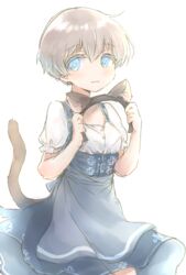  alternate_costume animal_ears bad_id bad_pixiv_id blonde_hair blue_eyes blush buttons cat_ears cat_tail cowboy_shot dirndl fake_animal_ears female german_clothes hair_between_eyes highres holding kantai_collection karin_bluez3 short_hair short_sleeves simple_background solo tail white_background z1_leberecht_maass_(kancolle) z1_leberecht_maass_(oktoberfest_mode)_(kancolle) 