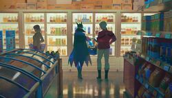  2boys bag black_cape black_hair black_pants black_suit cape coat commentary_request convenience_store draluc_(kyuuketsuki_sugu_shinu) drink female food formal gloves grey_hair grey_pants hand_on_own_hip high_collar highres indoors jacket kyuuketsuki_sugu_shinu male_focus meipu_hm multiple_boys pants pointy_ears red_jacket reflection refrigerator ronaldo_(kyuuketsuki_sugu_shinu) shoes shop shopping shopping_basket short_hair standing suit vampire white_hair 