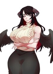  bare_shoulders black_hair black_wings breasts bright_pupils colored_inner_hair demon_horns feathered_wings female highres hololive hololive_english horns huge_breasts long_hair mamarissa mole mole_under_eye multicolored_hair red_eyes ribbed_sweater ryuuen_tanaka sleeveless sweater thick_thighs thighs turtleneck turtleneck_sweater white_pupils wide_hips wings 