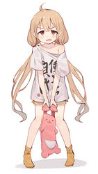  ahoge annoyed blonde_hair brown_eyes clothes_writing collarbone female full_body futaba_anzu grabbing_another&#039;s_ear hand_on_another&#039;s_ear highres holding_by_the_ears idolmaster idolmaster_cinderella_girls legs_apart long_hair looking_at_viewer low_twintails open_mouth oversized_clothes shirt shone short_sleeves simple_background single_bare_shoulder solo standing stuffed_animal stuffed_rabbit stuffed_toy t-shirt twintails very_long_hair white_background you_work_you_lose 