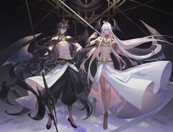  2boys above_clouds abs absurdly_long_hair androgynous anklet armlet armor bare_shoulders barefoot black_background black_footwear black_nails black_pants black_wings cloud coin_(ornament) demon_wings detached_sleeves earrings extra_arms extra_eyes flats floating_hair full_body grin hair_between_eyes hand_on_own_hip hand_up head_wings holding holding_polearm holding_weapon horns jewelry judal long_hair looking_at_viewer low_wings magi_the_labyrinth_of_magic male_focus mini_wings multiple_boys navel_piercing neck_ring necklace off_shoulder orb pants pectorals piercing plantar_flexion polearm puffy_pants ren_hakuryuu sarong sativa197 sidelocks smile spear topless_male very_long_hair weapon white_hair wings 