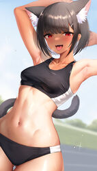  absurdres animal_ear_fluff animal_ears armpits arms_up black_buruma black_hair black_sports_bra breasts buruma commentary cowboy_shot dark-skinned_female dark_skin dutch_angle extra_ears female highres looking_at_viewer mathew_(srmmk_mce) medium_breasts navel open_mouth original piercing red_eyes short_hair solo sports_bra standing stomach sweat symbol-only_commentary tail tail_raised tongue tongue_out tongue_piercing 