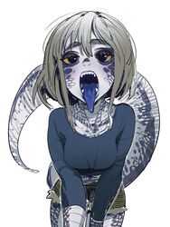  black_eyes blue-tongued_skink blue-tongued_skink_(sparrowl) blue_tongue breasts brown_shorts colored_sclera colored_skin colored_tongue commentary cowboy_shot english_commentary female grey_hair large_breasts lizard_tail long_sleeves looking_at_viewer medium_hair monster_girl open_mouth original purple_skin reptile_girl scales shorts solo sparrowl standing tail tongue tongue_out yellow_sclera 