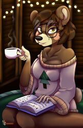  animal_crossing anthro bear beverage book breasts clothed clothing coffee container cup eyewear female glasses hi_res looking_at_viewer mammal maple_(animal_crossing) nintendo smile solo zombikiss 