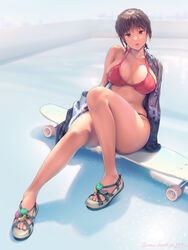  a.x. bikini breasts brown_hair chinese_commentary cleavage commentary day feet female highres jacket jewelry knee_up large_breasts legs lips looking_at_viewer navel necklace off_shoulder original outdoors red_bikini sandals sitting skateboard solo swimsuit toenails toes 