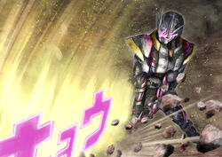  1boy alternate_costume armor black_armor black_bodysuit bodysuit clock_hands compound_eyes finishing_move gloves horns kamen_rider kamen_rider_zi-o kamen_rider_zi-o_(series) kamen_rider_zi-o_ii male_focus multiple_horns official_alternate_costume pink_eyes pink_gloves sword translation_request tsubasansan weapon zikan_girade ziku_driver 